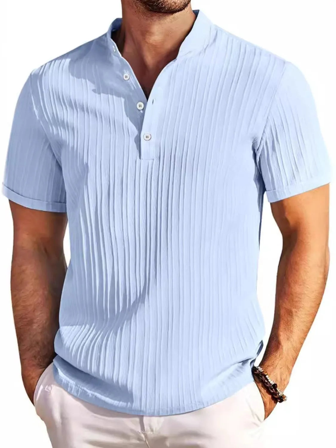Men's full size button detail short sleeve polo in light blue, slightly stretchy polyester-cotton blend.