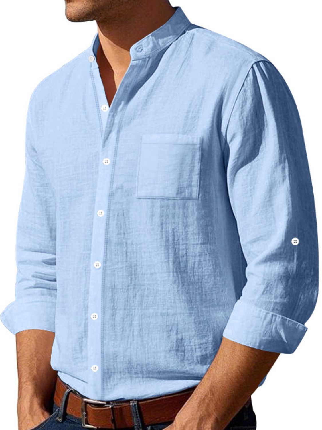 Men's full size button down long sleeve shirt in light blue, featuring basic style and slightly stretchy fabric.