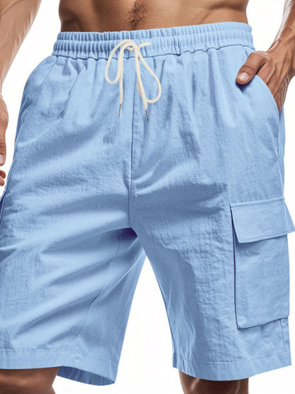 Men's full size blue drawstring shorts with cargo pockets, plus size.