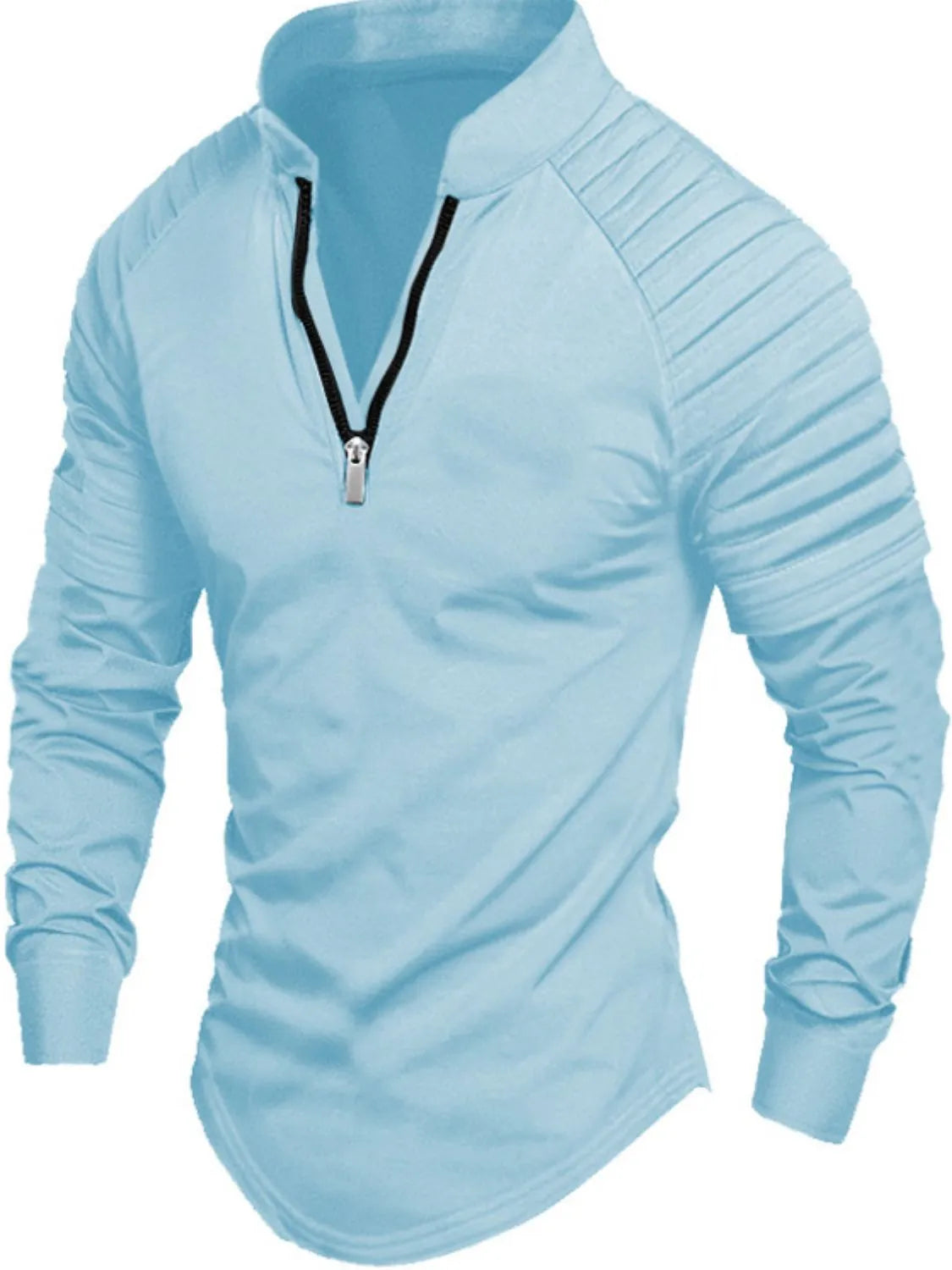 Men's full size light blue quarter zip long sleeve polo with ribbed sleeves.