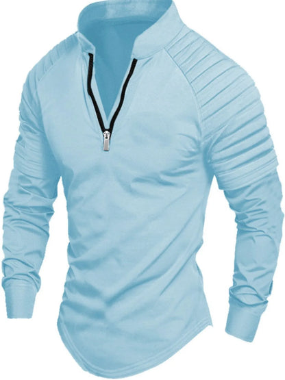 Men's full size light blue quarter zip long sleeve polo with ribbed sleeves.