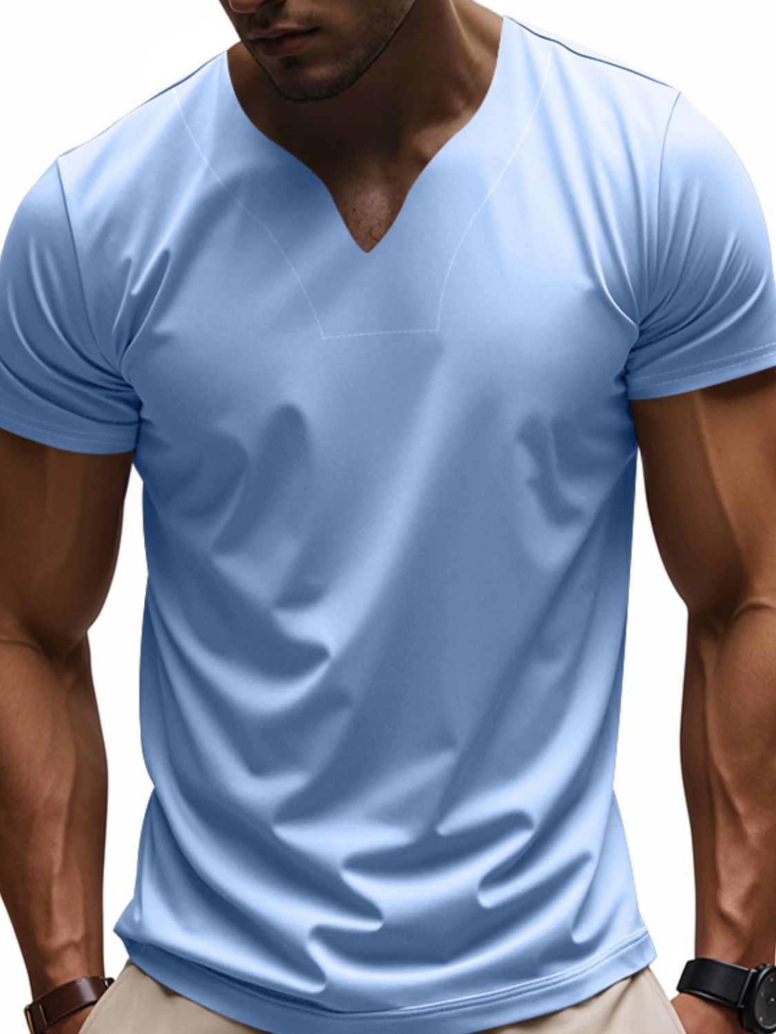 Men's full size short sleeve t-shirt in light blue, slightly stretchy polyester-spandex blend.