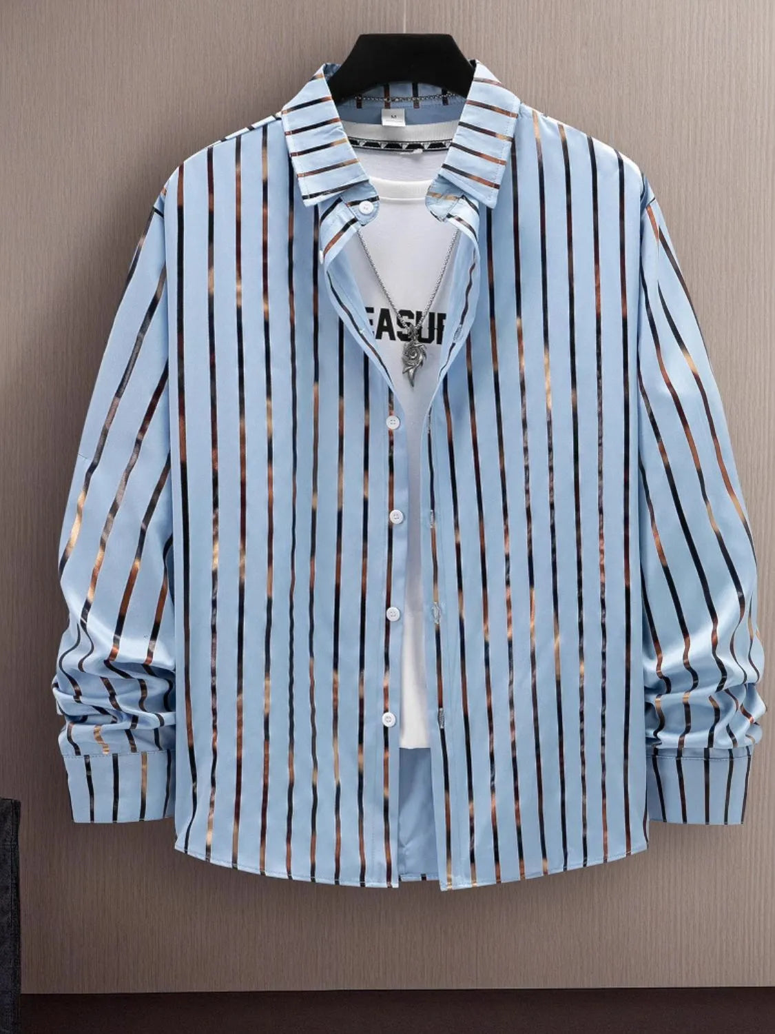 Men's full size striped button-up long sleeve shirt in blue, slightly stretchy polyester.