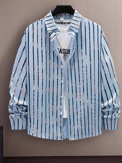 Men's full size striped button-up long sleeve shirt in blue, slightly stretchy polyester.
