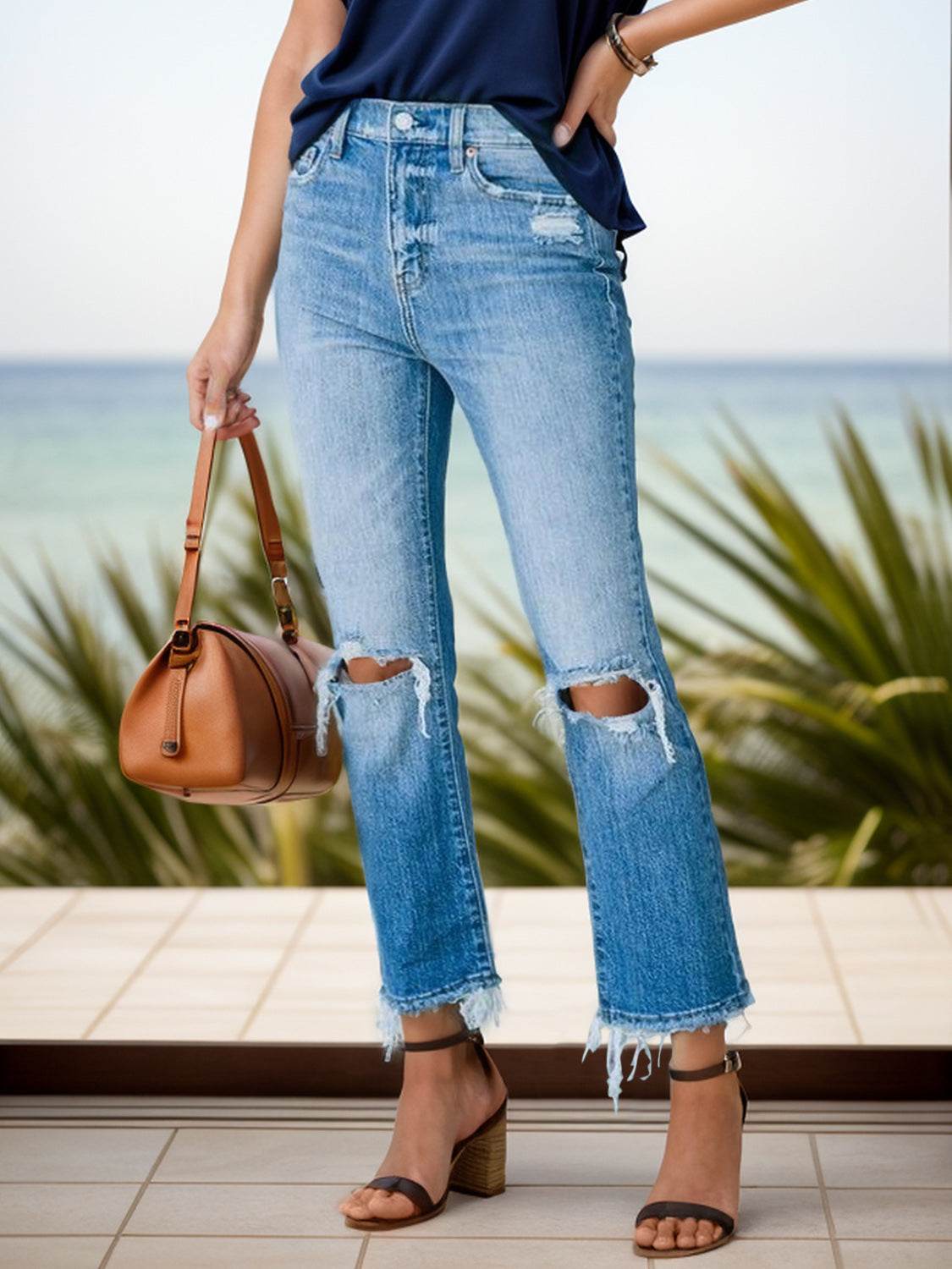 Distressed raw hem jeans with pockets, slightly stretchy fabric, perfect for casual wear.