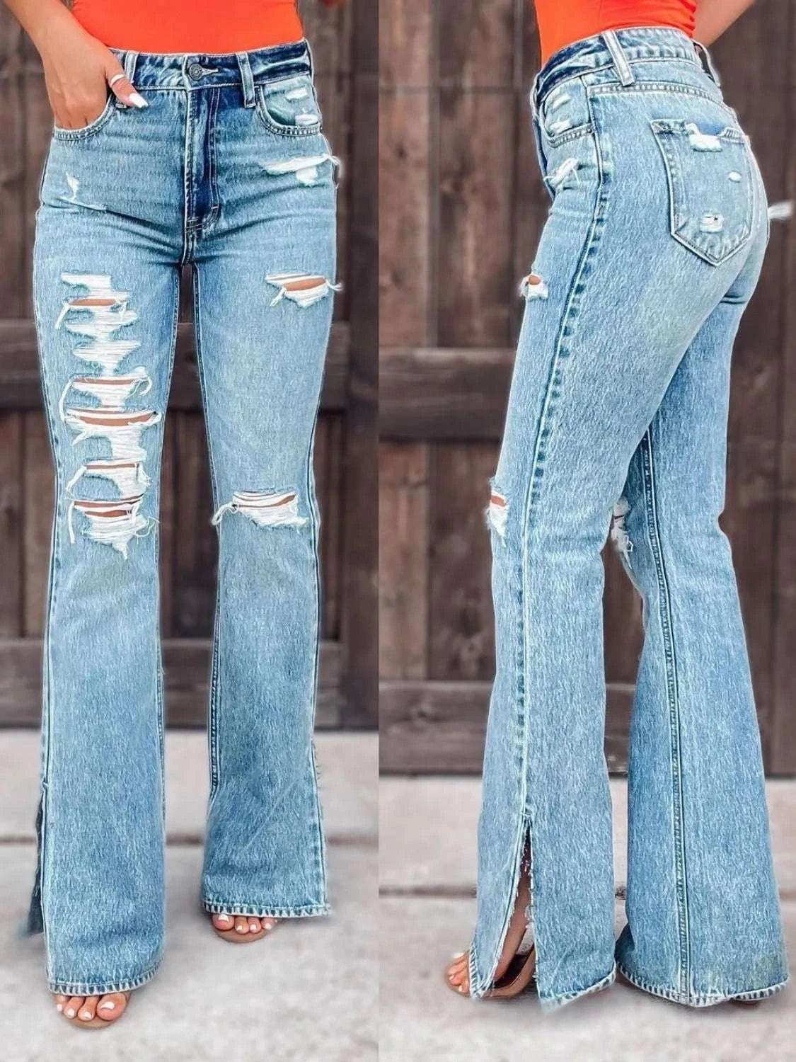 Distressed slit bootcut jeans with buttoned pockets and slightly stretchy fabric.