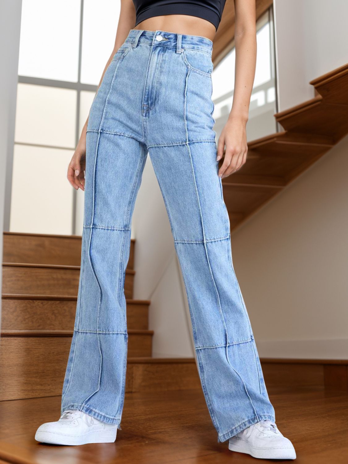 High waist straight jeans with pockets, no stretch, cotton polyester blend.