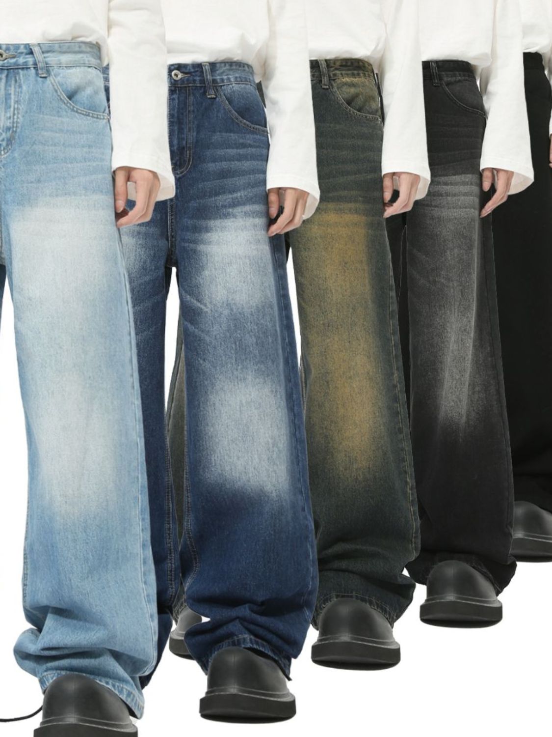 Men's Cat's Whisker Wide Leg Jeans in various denim shades, basic style, no stretch.
