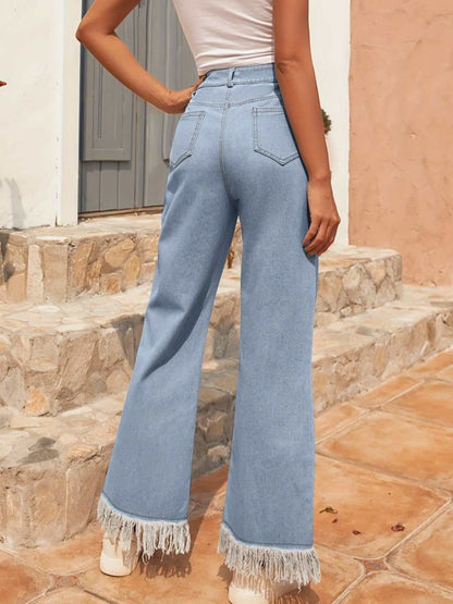 Raw hem bootcut jeans with pockets, slightly stretchy cotton blend.