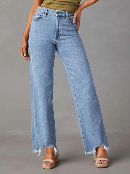 Raw hem loose fit jeans with buttoned pockets, no stretch, and 65% cotton material.