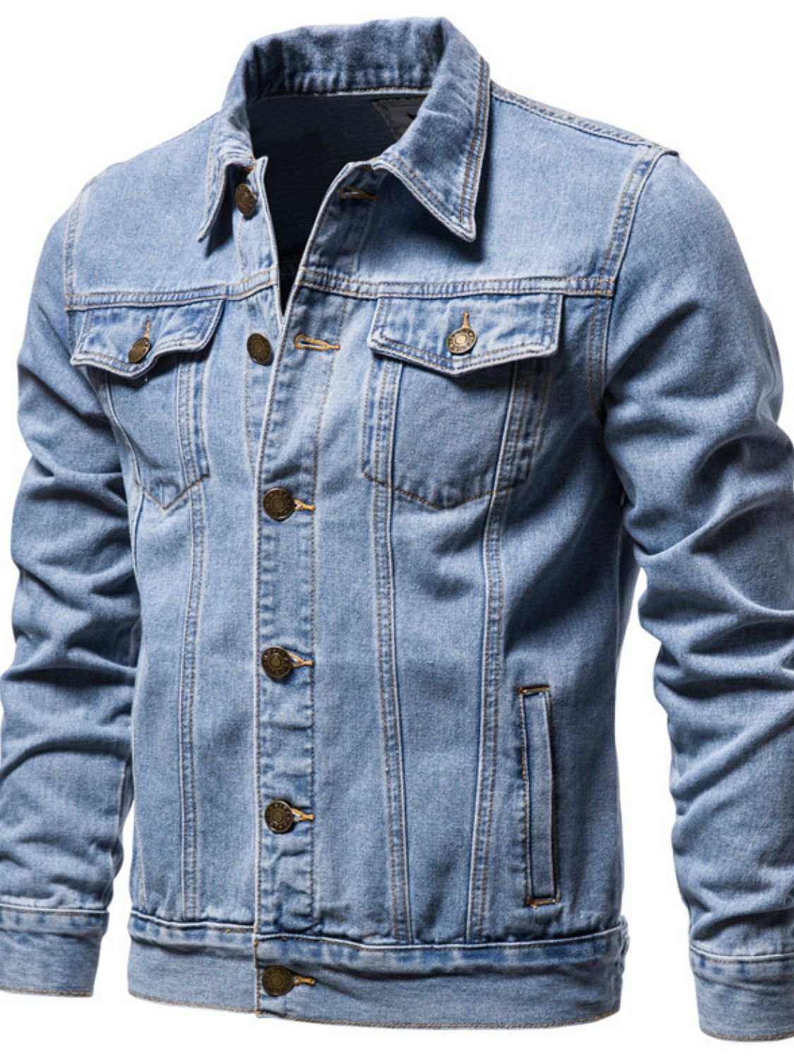 Men's button down long sleeve denim jacket with pockets, cotton-viscose blend, no stretch.