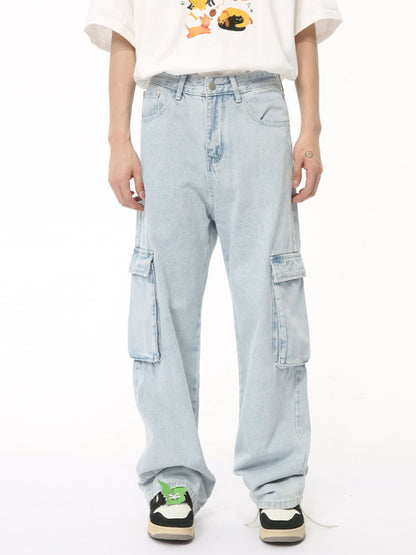 Men's washed straight cargo jeans with side pockets, featuring a classic washed finish.