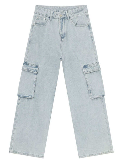 Men's wide leg jeans with cargo pockets, light wash, no stretch.