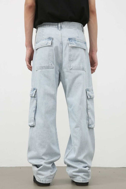 Men's wide leg jeans with cargo pockets, no stretch, cotton blend.