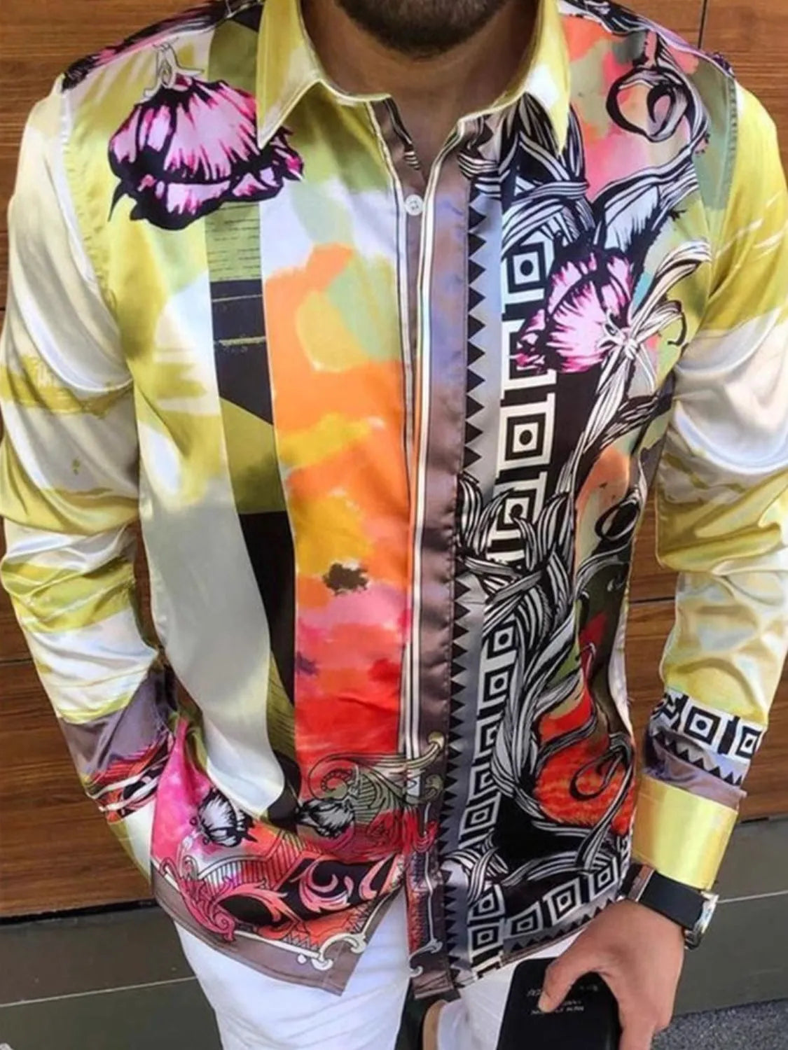 Men's plus size printed button-up long sleeve shirt with vibrant abstract floral and geometric patterns.