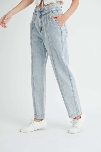 Pleated front detail straight jeans with chic design, moderate stretch, and pocketed style.