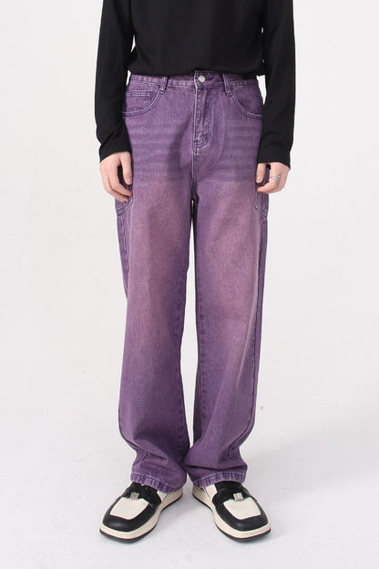 Wide leg men's jeans with pockets in purple, no stretch, made of cotton, polyester, and viscose.