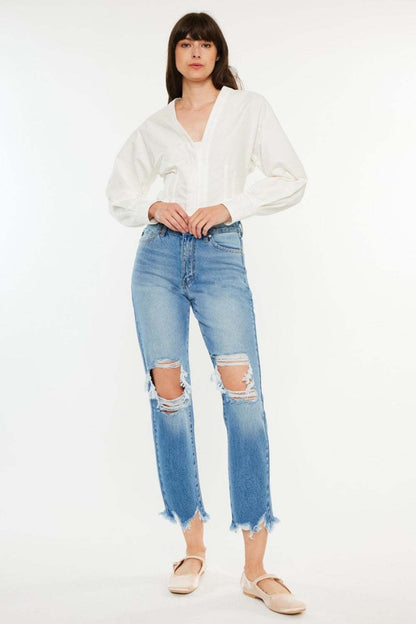 Kancan Distressed Frayed Hem Cropped Jeans with ripped details and raw edge design.