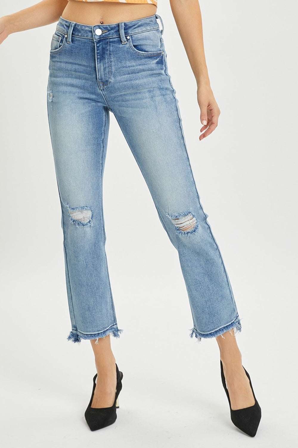 Full size high rise distressed cropped straight jeans with raw hem.