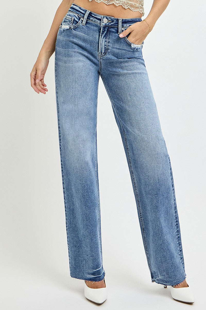 High rise straight leg jeans with pockets, slightly stretchy, RISEN Full Size.