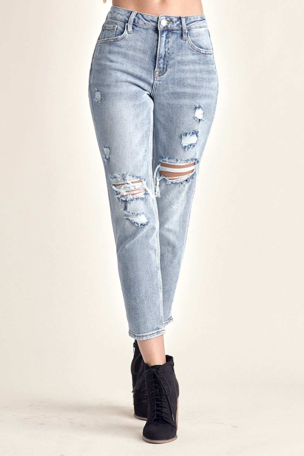 RISEN Distressed Slim Cropped Jeans with edgy distressed details and flattering fit.