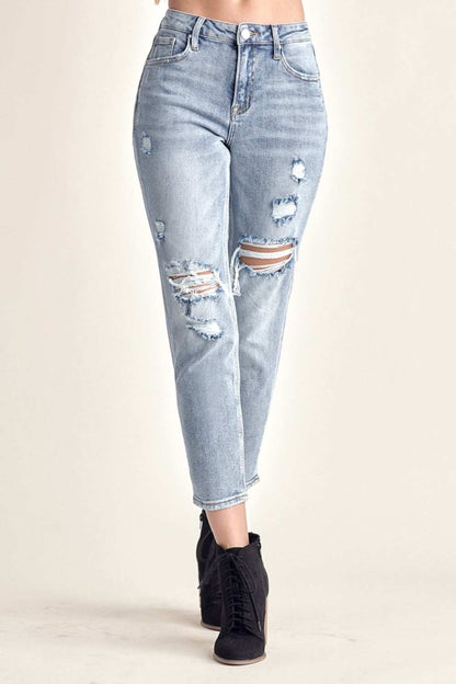 RISEN Distressed Slim Cropped Jeans with edgy distressed details and flattering fit.