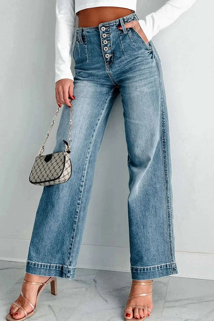 High waist button fly jeans with no stretch and a straight leg design.