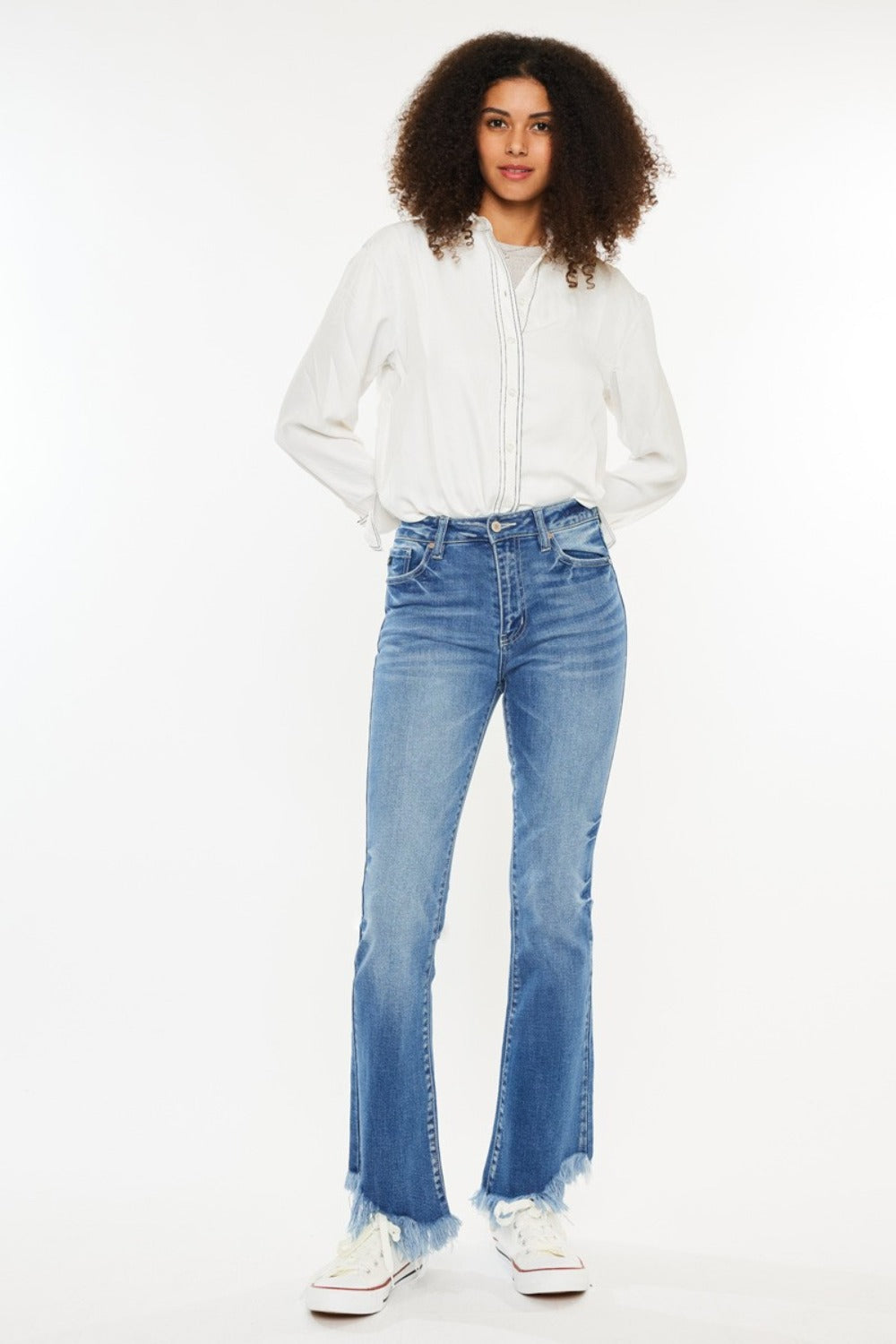 Kancan High Rise Frayed Hem Jeans in medium stone wash, featuring a trendy raw hem and classic 5-pocket design.