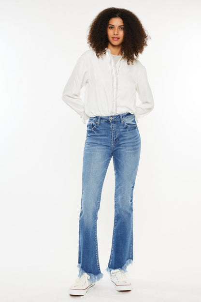 Kancan High Rise Frayed Hem Jeans in medium stone wash, featuring a trendy raw hem and classic 5-pocket design.