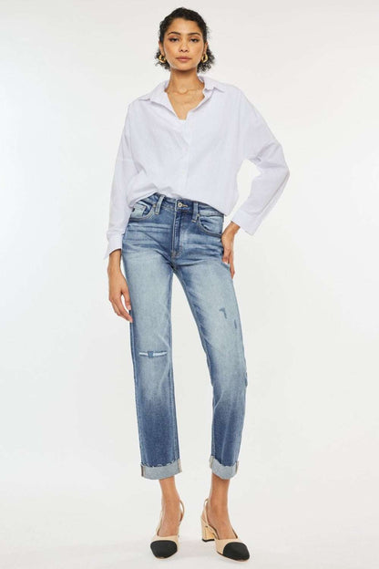 High-rise cuffed straight jeans with a flattering fit and casual charm.