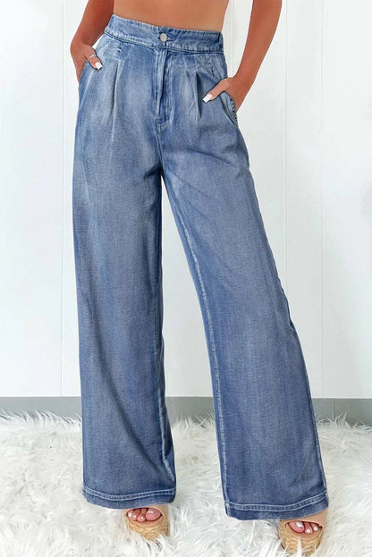 High waist wide leg jeans with pockets, no stretch, 95% cotton, 5% polyester.