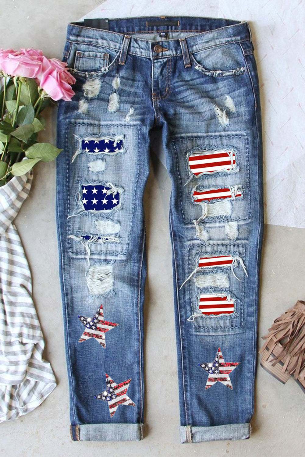 US flag mid-rise waist distressed straight jeans with patriotic design.