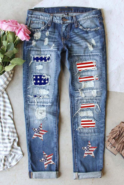 US flag mid-rise waist distressed straight jeans with patriotic design.