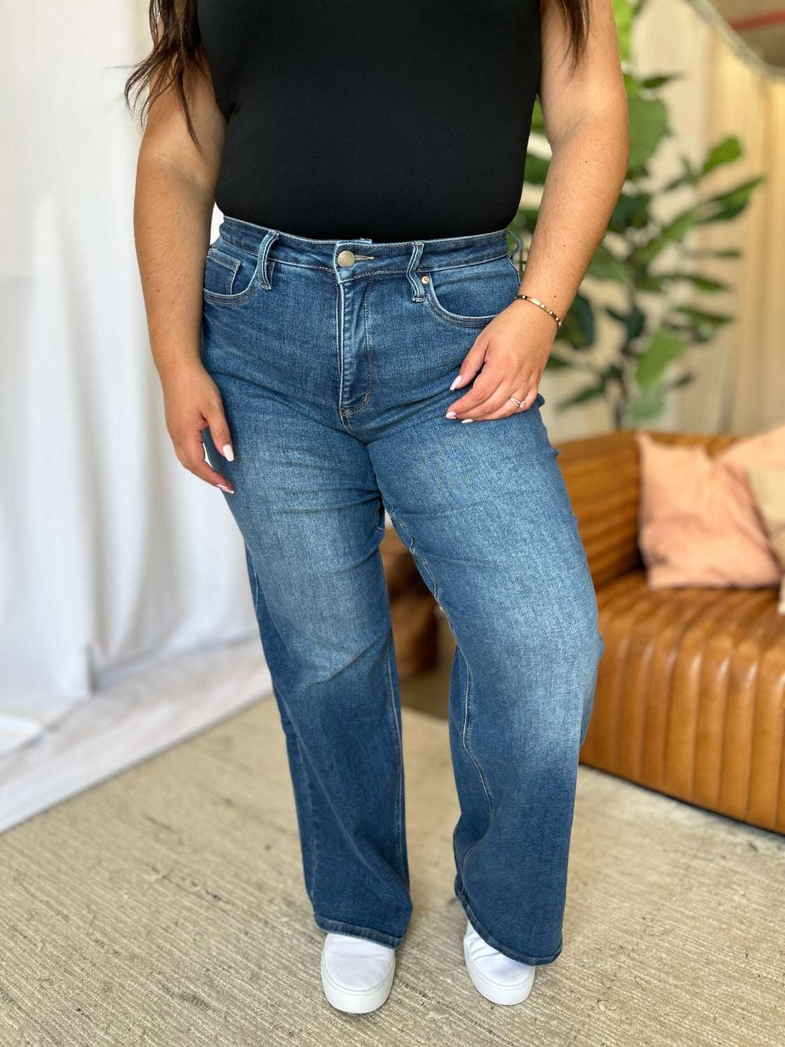 High Rise Tummy Control Wide Leg Jeans, relaxed silhouette, stylish denim.
