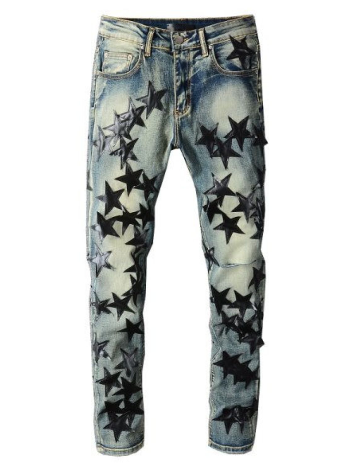 Men's Washed Star Slim Jeans with star design, 95% cotton, 5% polyester.
