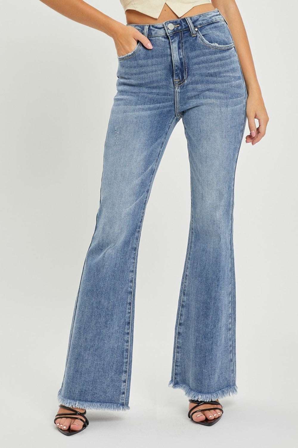 Full Size High Waist Raw Hem Flare Jeans with Retro Look