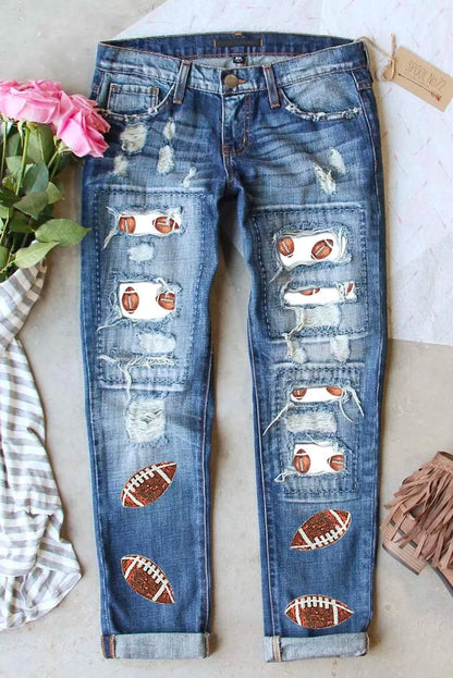 Distressed football-themed jeans with sequin details and slight stretch.