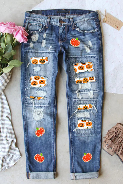 Distressed pumpkin-themed jeans with pockets, slightly stretchy denim.