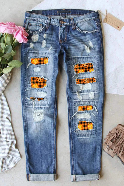 Distressed pumpkin pattern jeans with pockets and slight stretch.