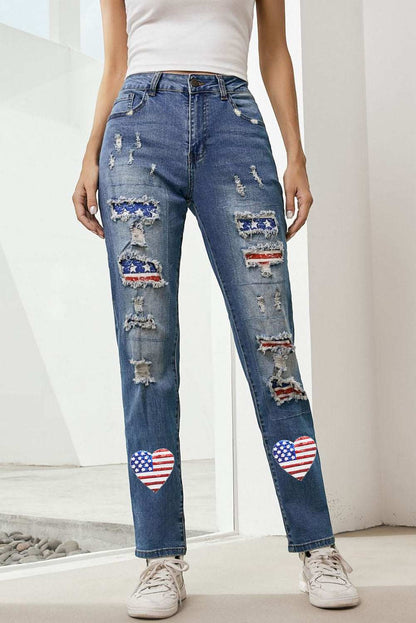 Distressed straight jeans with US flag design and sequin accents.