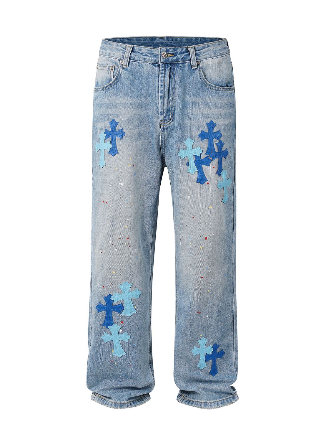 Men's cross wide straight jeans with cross designs, classic fit, 95% cotton.