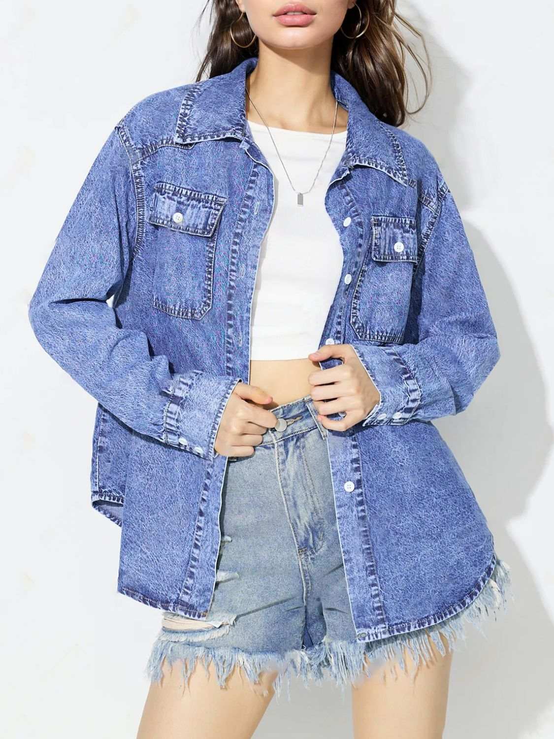 Curved hem collared neck denim top worn by model.