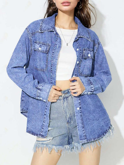 Curved hem collared neck denim top worn by model.