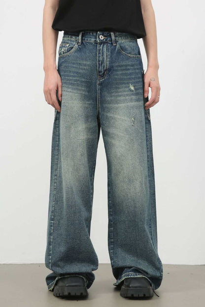 Men's distressed detail wide leg jeans with no stretch and basic style.