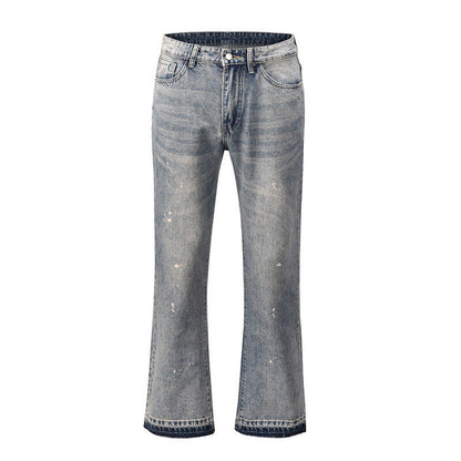 Men's frayed hem bootcut jeans with no stretch, crafted from cotton, polyester, and viscose blend.