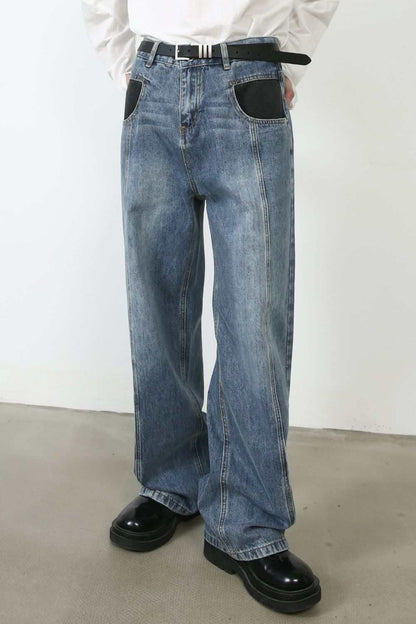 Men's mid rise jeans with pockets, no stretch, cotton blend, basic style.