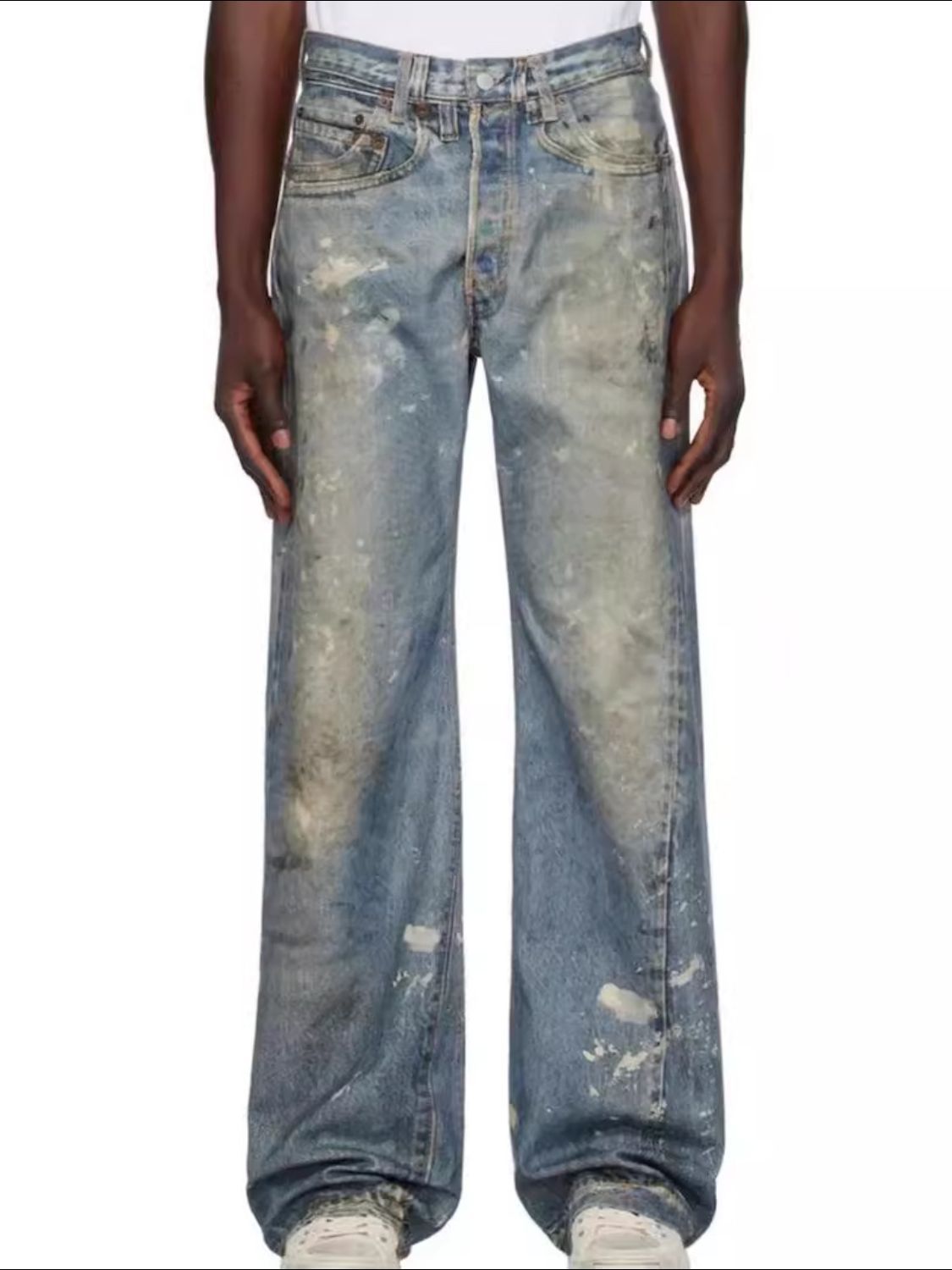 Men's Washed Button Fly Straight Jeans in distressed style.