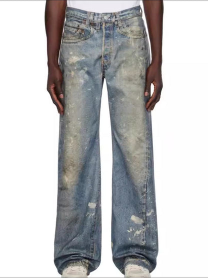 Men's Washed Button Fly Straight Jeans in distressed style.