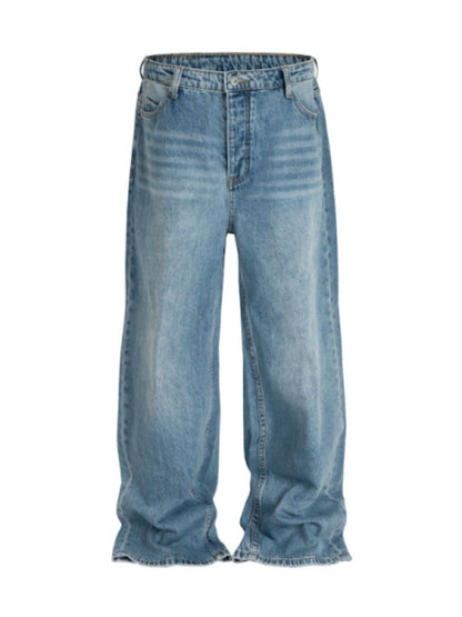 Men's wide straight jeans with pockets, basic style, 95% cotton, 5% polyester, no stretch.