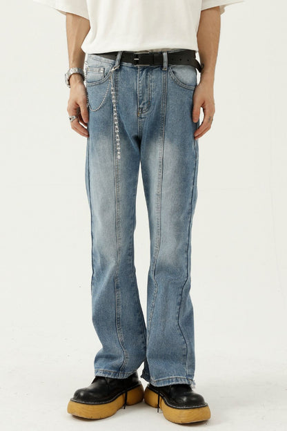 Raw hem jeans with pockets, basic style, no stretch, cotton-polyester blend.